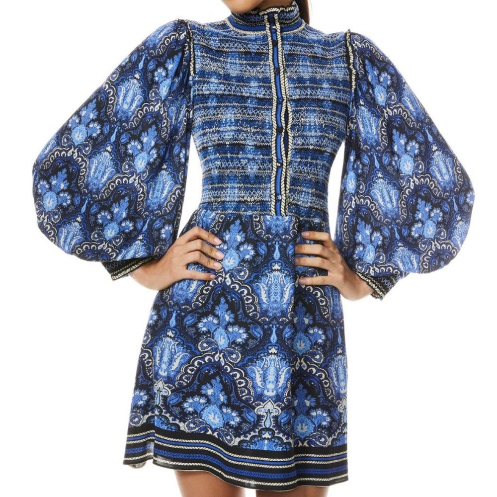 Alice + Olivia Elvira Smocked Mini Dress in Urban Medallion Blue
